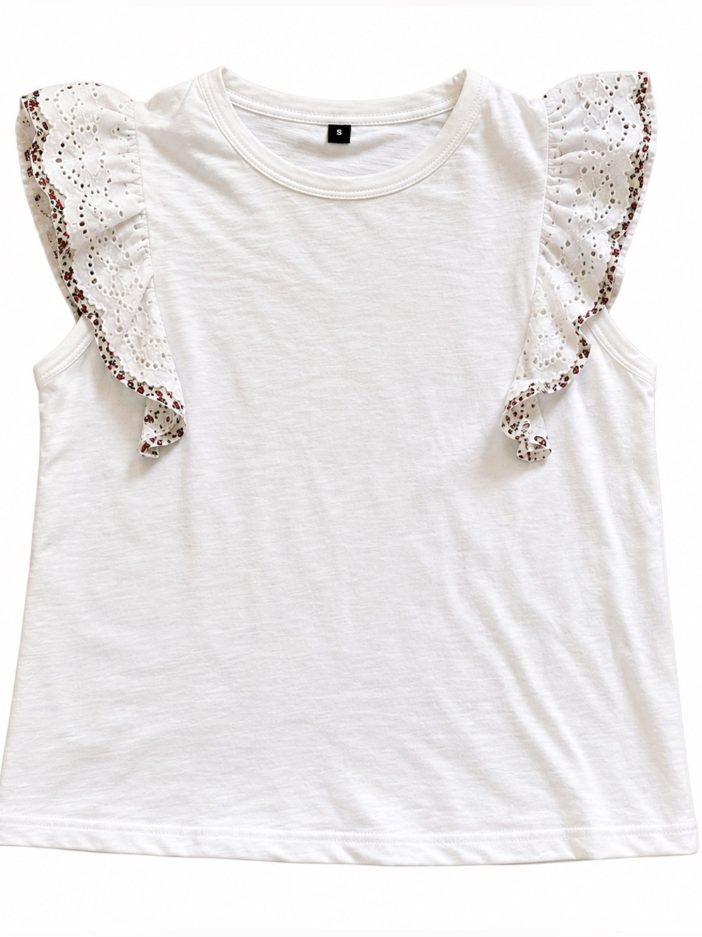 Womens White Eyelet Ruffle Sleeve Top ditsy floral print casual shirt Size Large